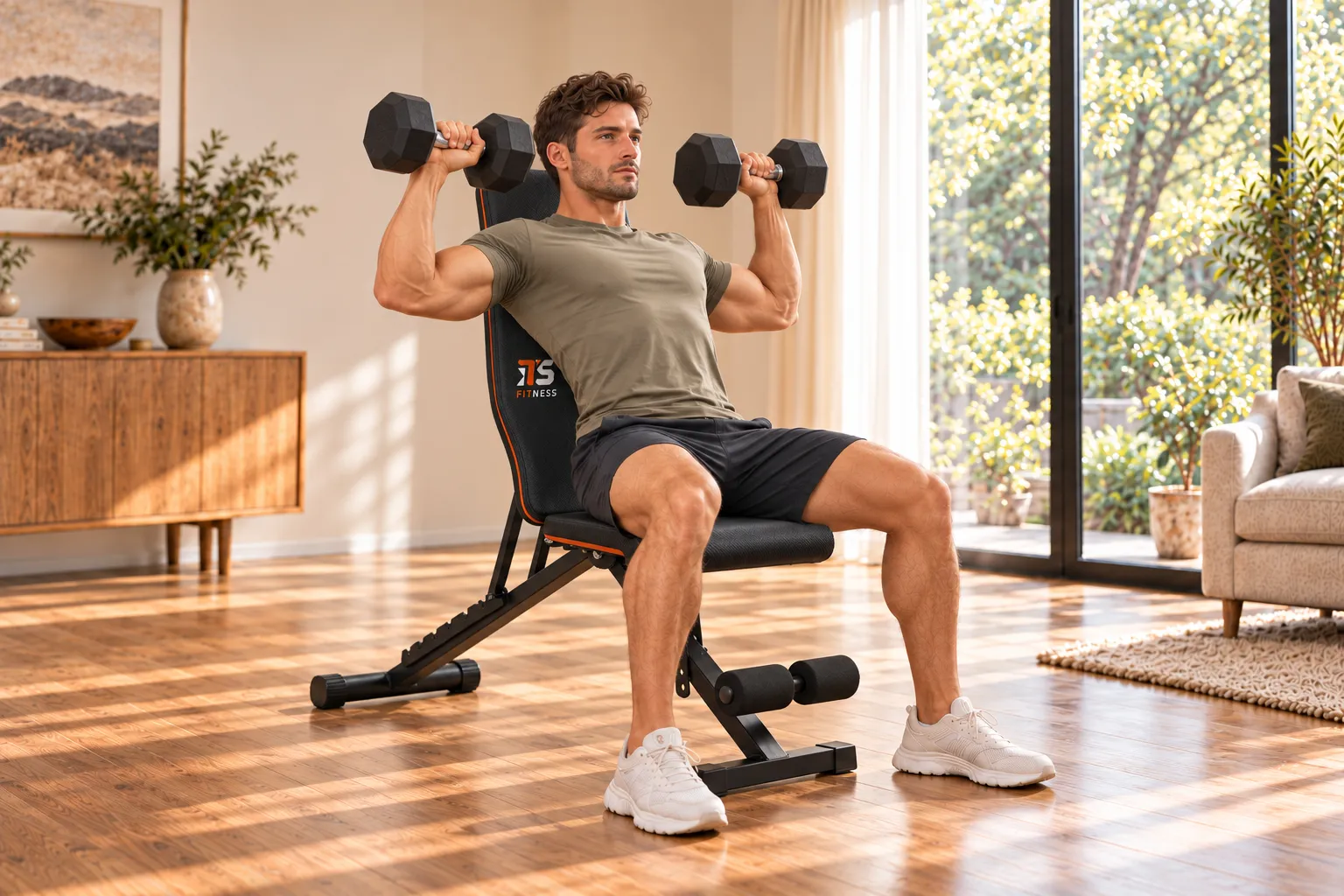 Man doing dumbbell shoulder presses on the adjustable bench