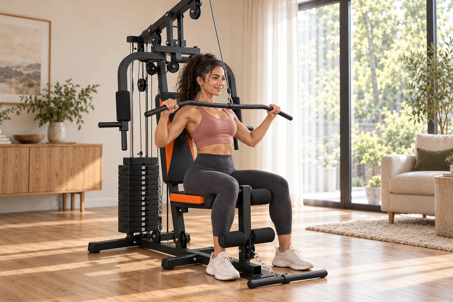 Woman doing lat pulldowns on the 45 kg home gym station