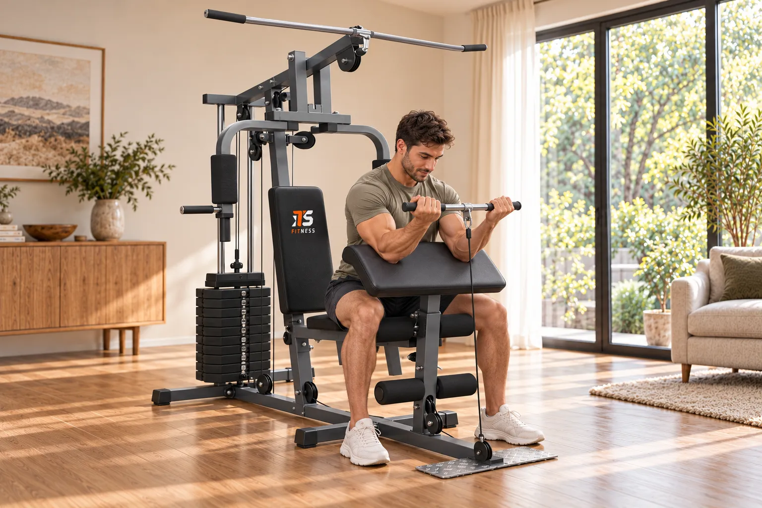 Man doing preacher curls on the 80 kg home gym station