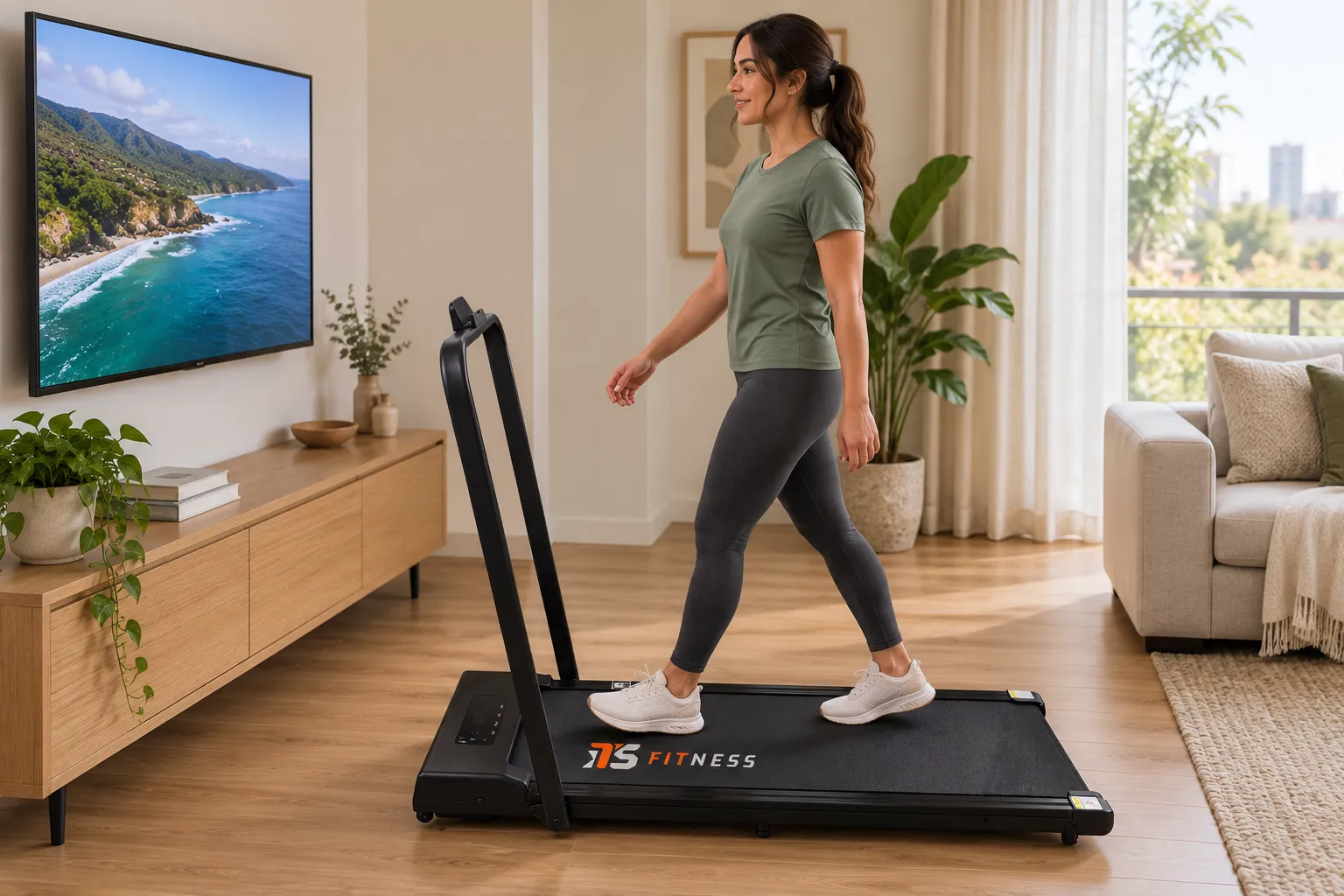 Woman walking on the folding treadmill in the living room, facing the TV