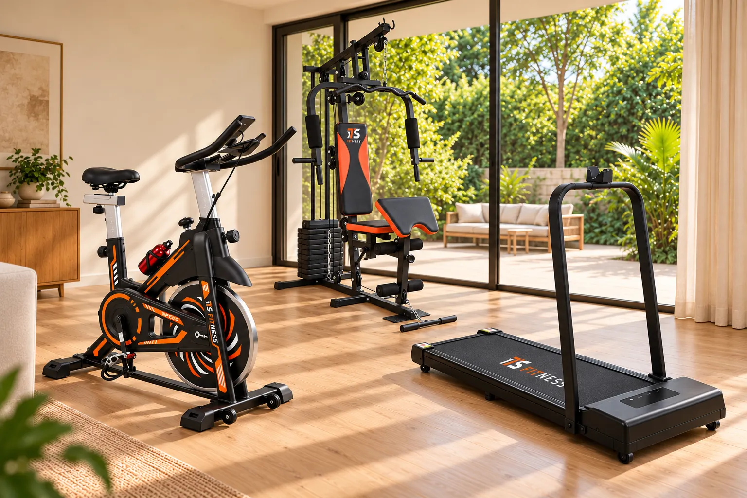 IT'S Fitness spinning bike, weight station and treadmill in a living room facing the garden