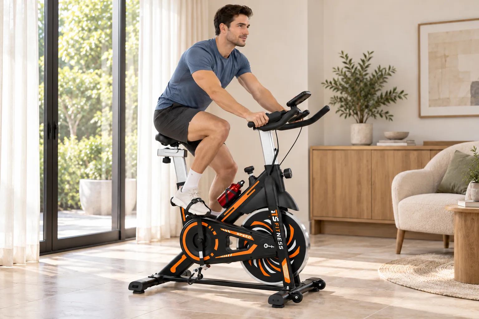 Man riding the 13 kg spinning bike in a bright room