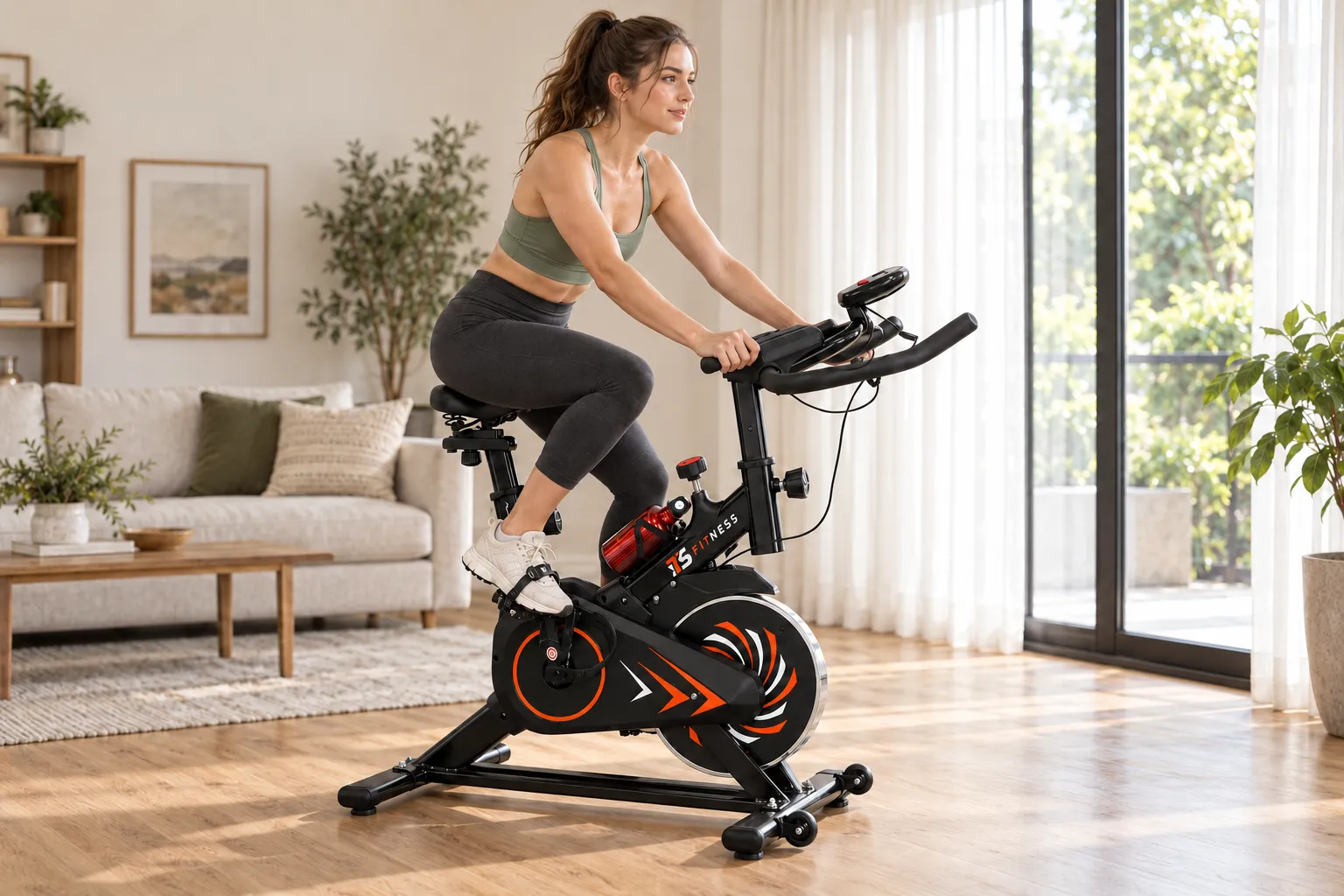 Woman riding an IT'S Fitness spinning bike at home
