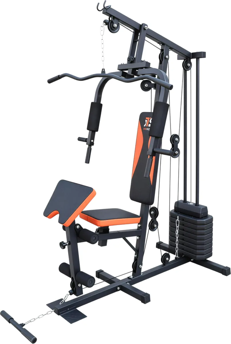 IT'S Fitness 45 kg home gym station in black and orange, with weight stack and preacher curl pad