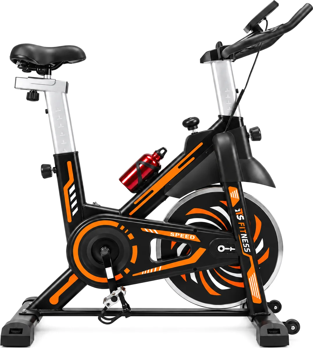 IT'S Fitness 13 kg spinning bike in black and orange, with a water bottle